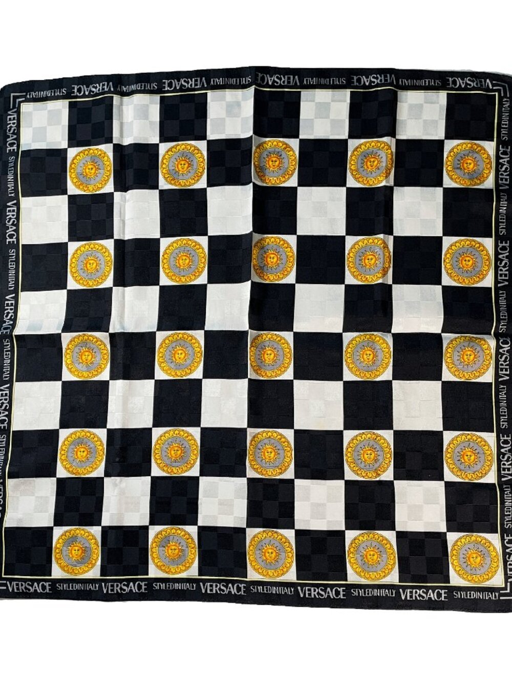 Versace Vintage Checkerboard Sun Print Scarf Black White Gold - Picture 3 of 13